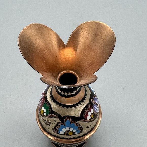 Vtg Copper Ornate Etched Hand Painted Bud Vase Decorative Hair Pin Holder Vanity - Picture 2 of 8